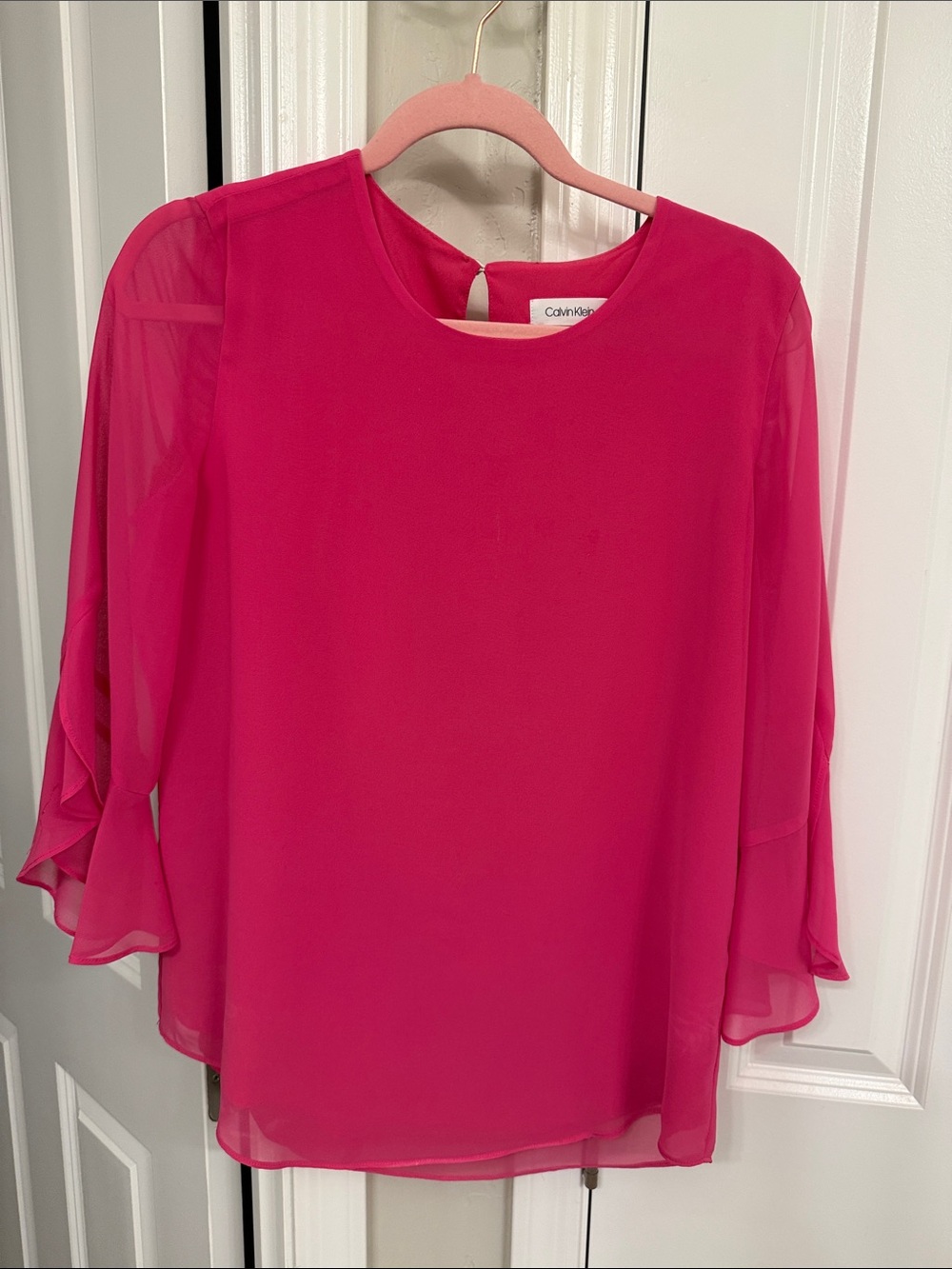 Calvin Klein Bright Fuchsia Sheer-Sleeve Blouse